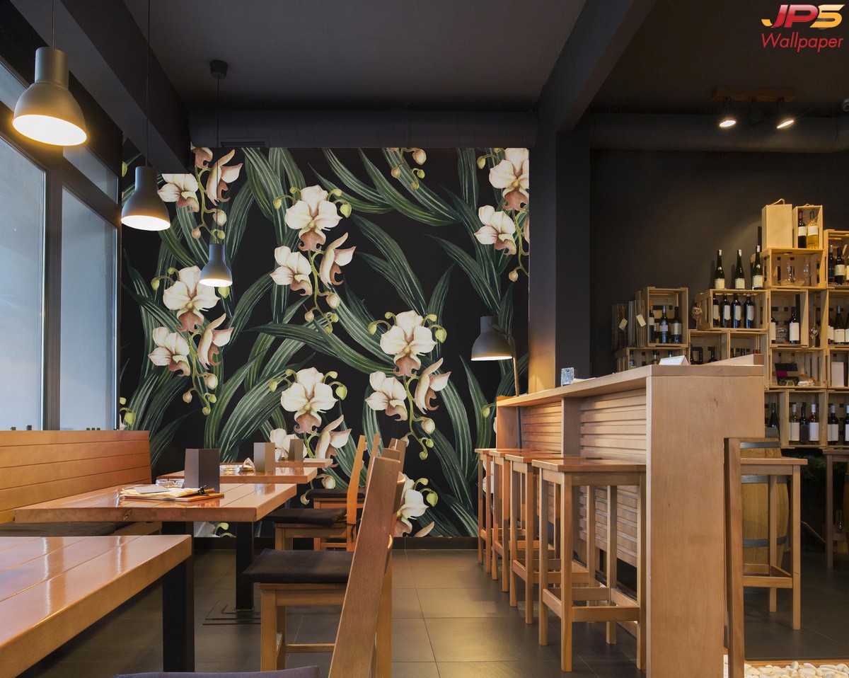 พิมพ์วอลเปเปอร์ติดผนังร้านอาหาร ลายดอกไม้ขาว