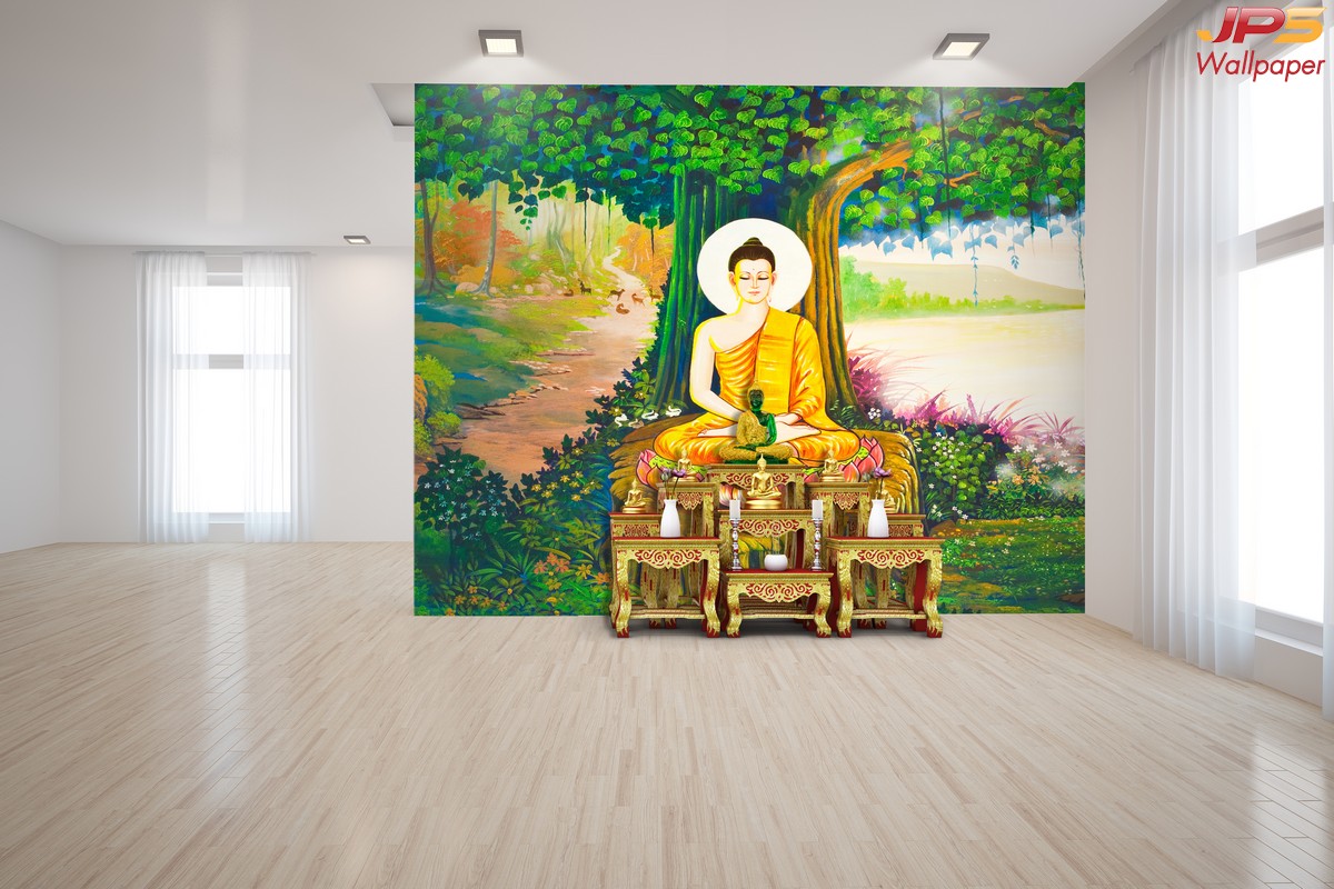วอลเปเปอร์ห้องพระ ลายพระพุทธเจ้า ตรัสรู้ ต้นโพธิ์ สีเขียว