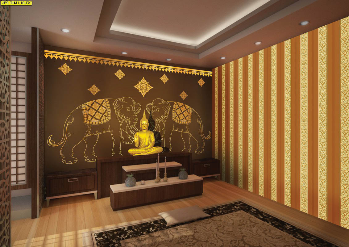 วอลเปเปอร์ห้องพระราคาถูก ลายไทยช้างคู่สีทอง พื้นหลังสีน้ำตาล
