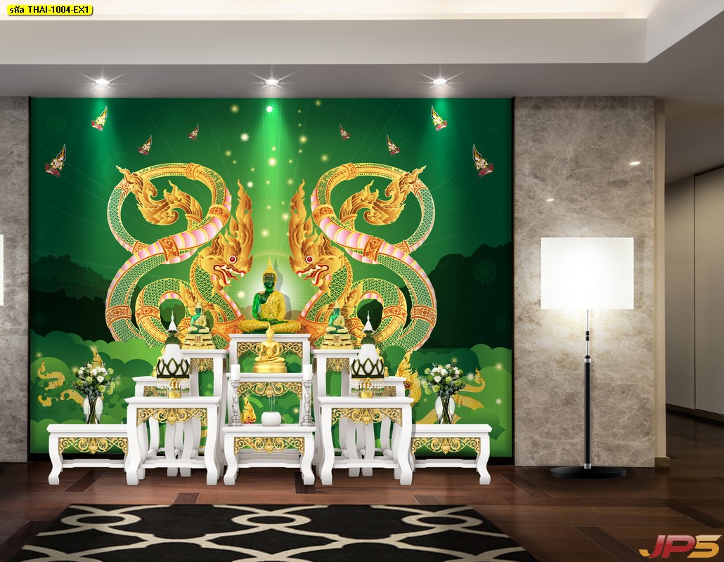 วอลเปเปอร์ติดผนัง ลายไทยพญานาคสีเขียวทอง เทพพนม พื้นหลังสีเขียวอมดำ ใต้ดวงจันทร์