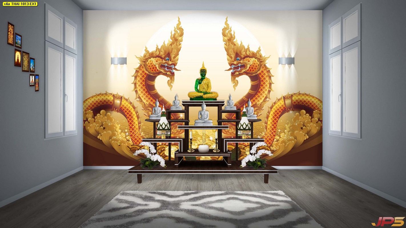 วอลเปเปอร์ห้องพระราคาถูก ลายไทยพญานาคคู่สีทอง พื้นหลังลายกราฟฟิก สีขาวทองคลื่นทะเล