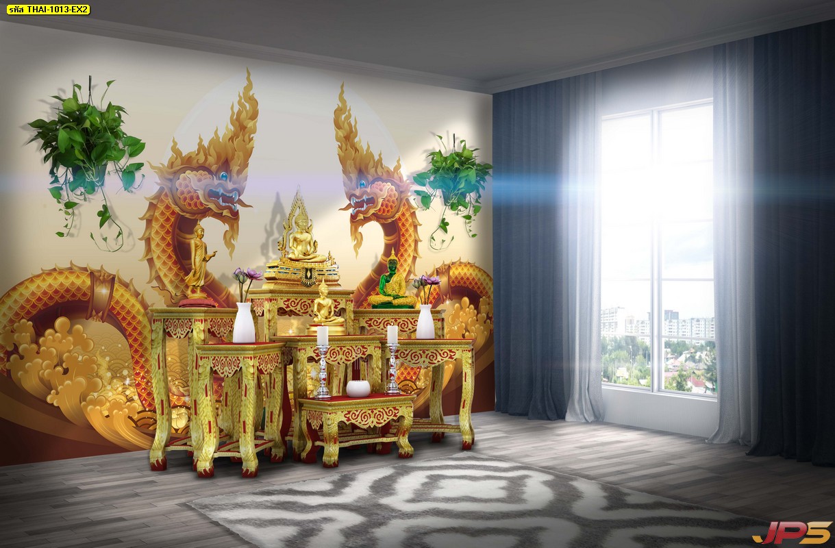 วอลเปเปอร์ห้องพระ ลายไทยพญานาคคู่สีทอง พื้นหลังลายกราฟฟิก สีขาวทองคลื่นทะเล