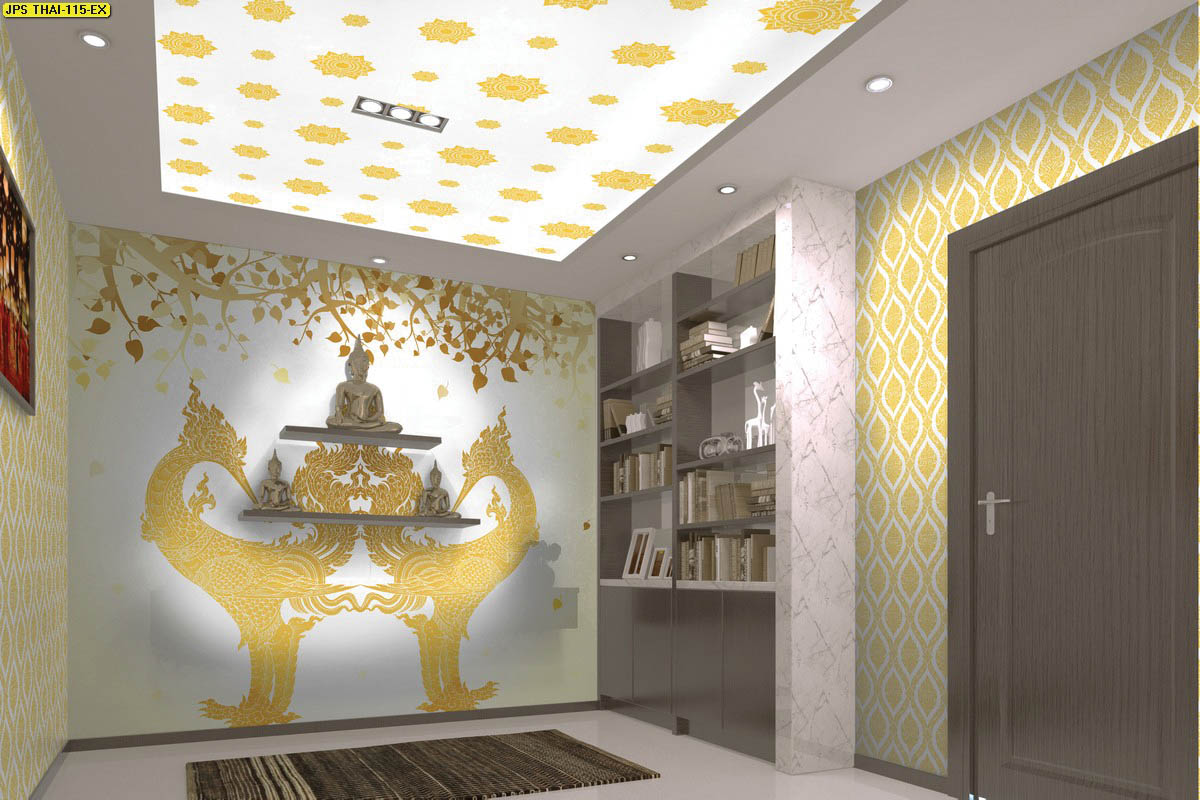 วอลเปเปอร์ห้องพระ ลายไทยหงส์คู่ ลายพุ่มข้าวบิณฑ์ พื้นหลังสีขาวทอง