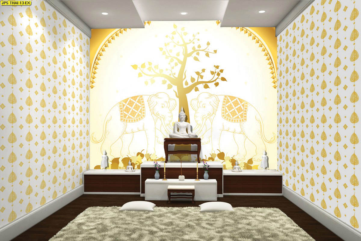 วอลเปเปอร์ห้องพระ ลายไทยต้นโพธิ์ ช้างคู่สีทอง พื้นหลังสีขาว