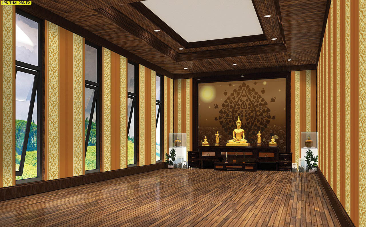 วอลเปเปอร์ห้องพระ ลายไทยใบโพธิ์น้ำตาลเข้ม ลายกนกไขว้ช่อหางโต พื้นหลังสีน้ำตาล