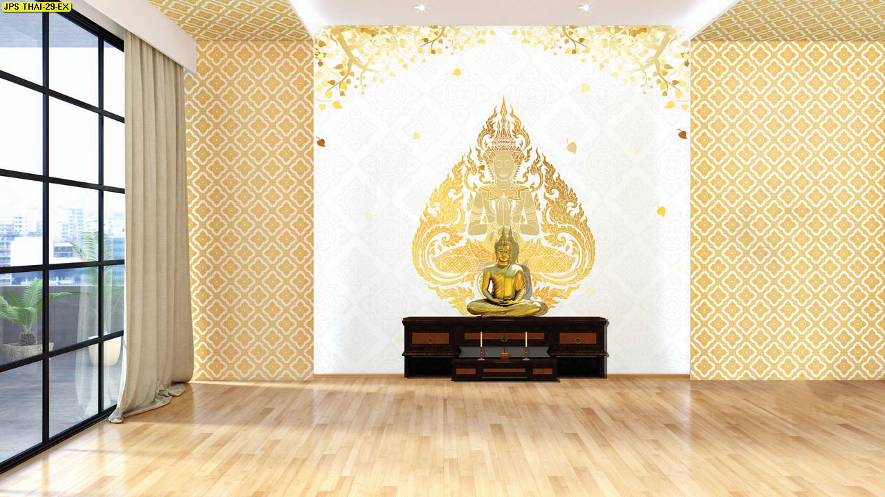 วอลเปเปอร์ห้องพระราคาถูก ลายไทยประจำยาม ลายกนกเทพพนม พื้นหลังสีขาว