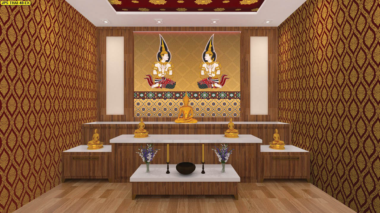 วอลเปเปอร์ติดผนังห้องพระ ลายไทยเทพพนมคู่ พื้นหลังสีทอง