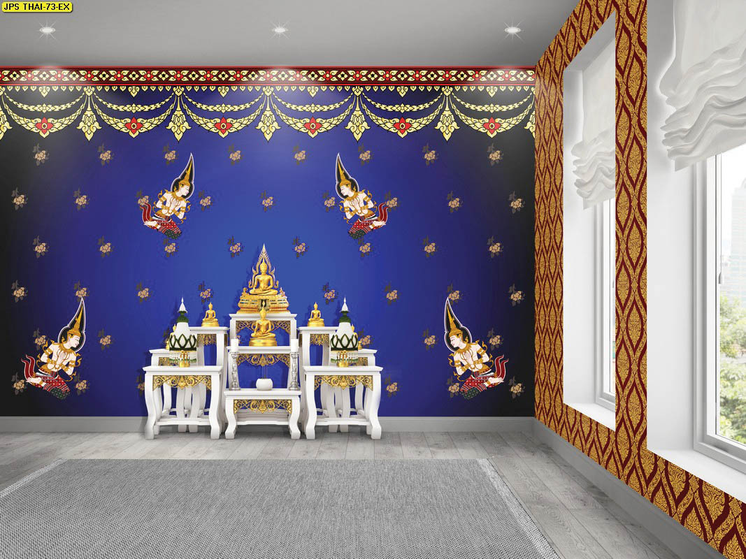 วอลเปเปอร์ห้องพระราคาถูก ลายไทยเทพพนมเล็กใหญ่ ลายพุ่มข้าวบิณฑ์ พื้นหลังสีน้ำเงิน