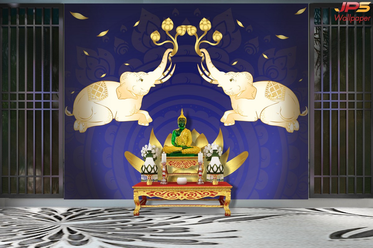 วอลเปเปอร์ติดผนังห้องพระ ลายไทยช้างคู่ พื้นหลังสีน้ำเงิน