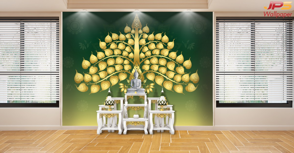 วอลเปเปอร์ห้องพระราคาถูก ลายไทยช้างคู่ พื้นหลังสีแดง