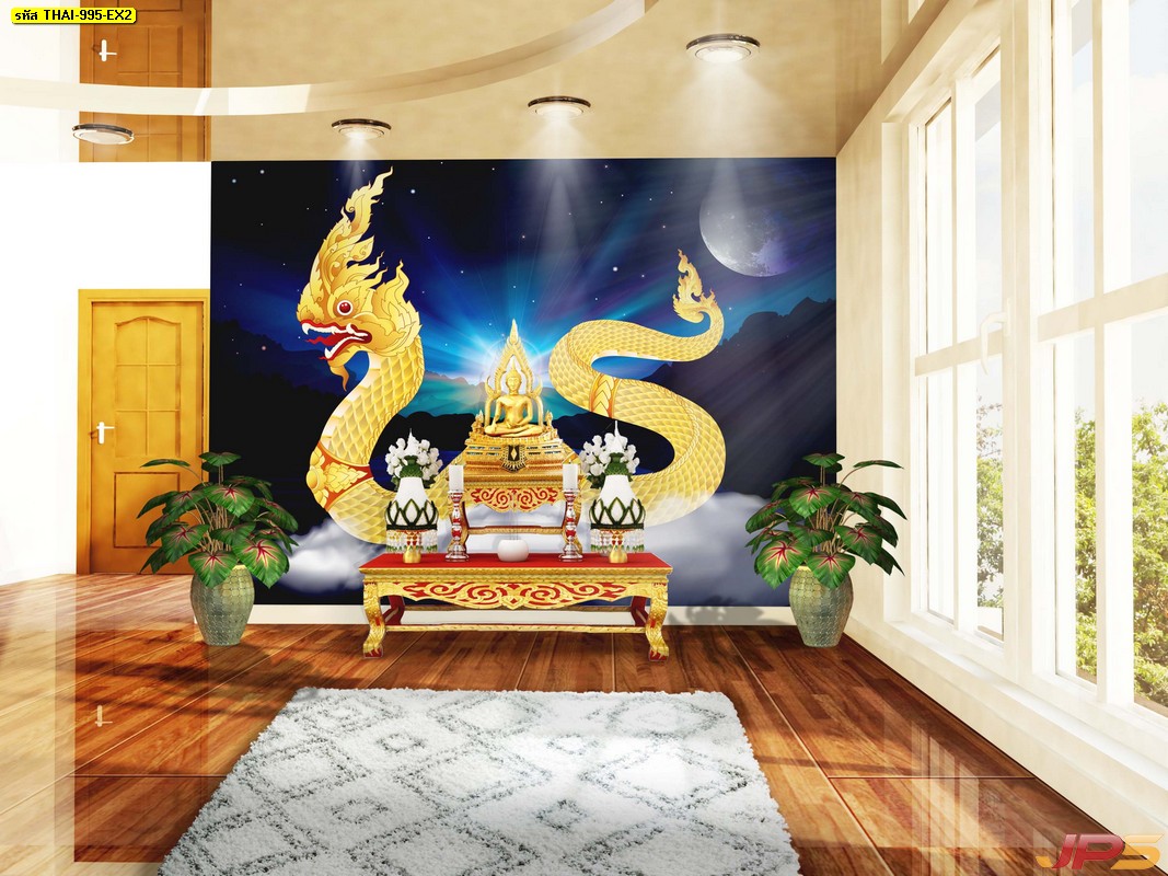 วอลเปเปอร์ห้องพระราคาถูก ลายไทยพญานาคสีทอง พื้นหลังลายกราฟฟิกสีน้ำเงินอมดำ ใต้ดวงจันทร์