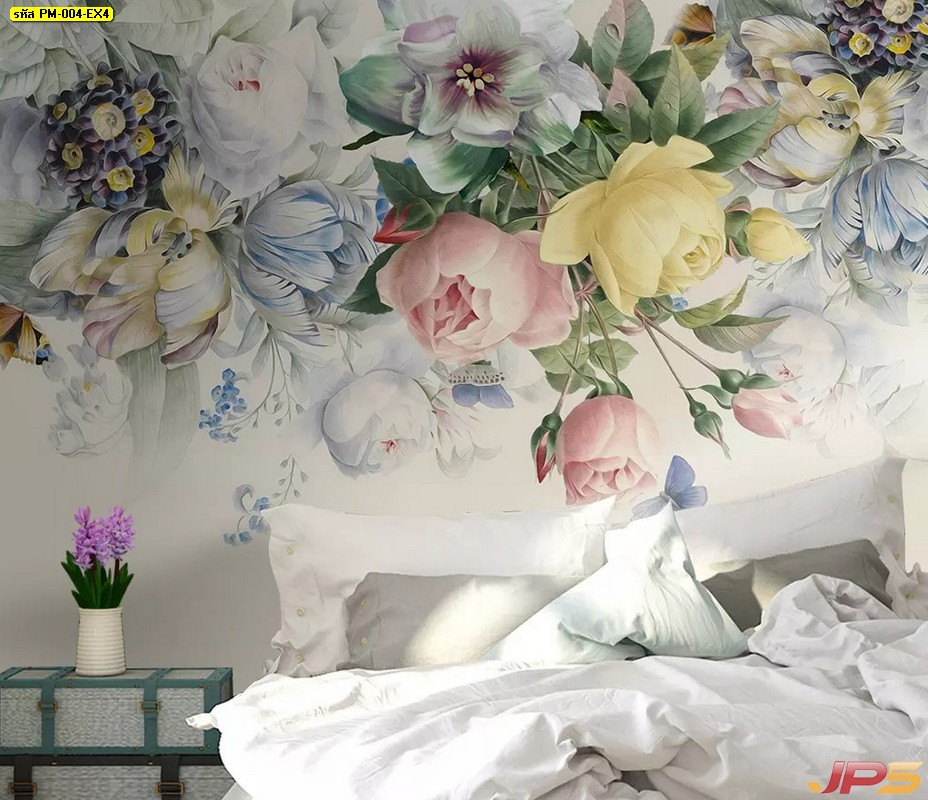 ภาพวอลเปเปอร์ดอกไม้ ลายดอกไม้หลากสี3D ติดผนังห้องนอน