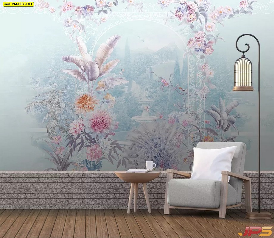 พิมพ์วอลเปเปอร์ติดผนัง  ลายสวนดอกไม้สีพาสเทล ติดผนังห้องรับแขก
