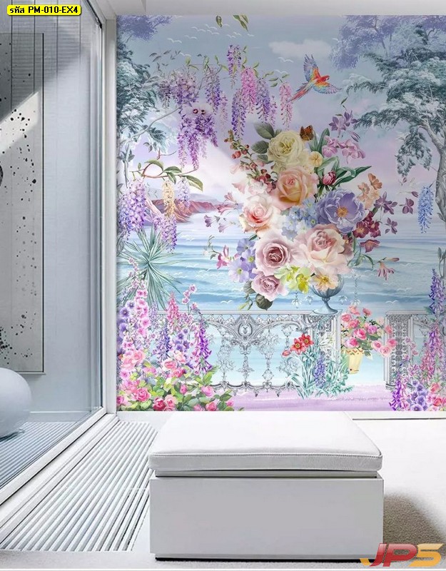วอลเปเปอร์กราฟิก3Dดอกไม้ ภาพวาดสวนดอกไม้ริมทะเล ติดผนังห้องรับแขก