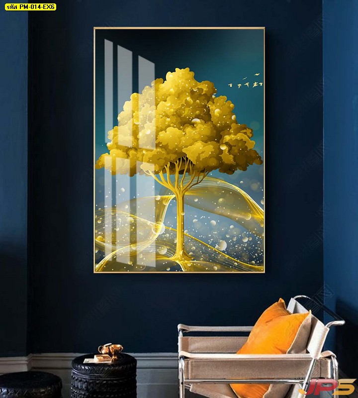 ภาพมงคลติดห้อง กวางเรนเดียร์ชมจันทร์ กับ ต้นไม้สีทอง ติดผนังห้องนั่งเล่น